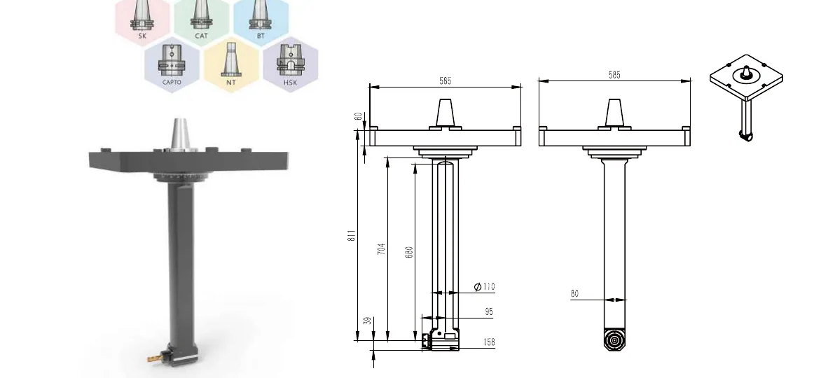 Mongtec BT50QER32Q680 angle head — product view and dimensioned drawing