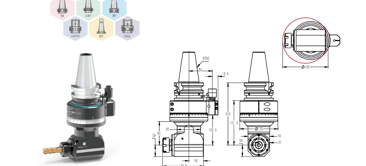 Mongtec BT50QER32Q80 angle head — product view and dimensioned drawing