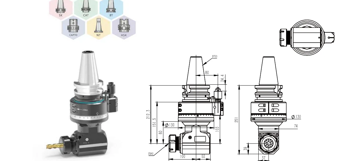 Mongtec BT50QER40Q80 angle head — product view and dimensioned drawing