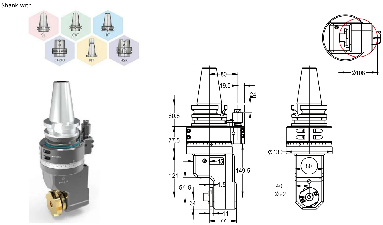 Mongtec BT50QFMB22M angle head — product view and dimensioned drawing