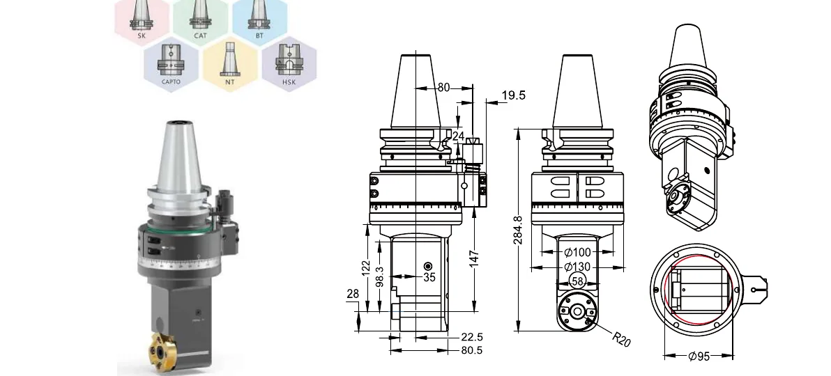 Mongtec BT50QFMB22MQF63 angle head — product view and dimensioned drawing