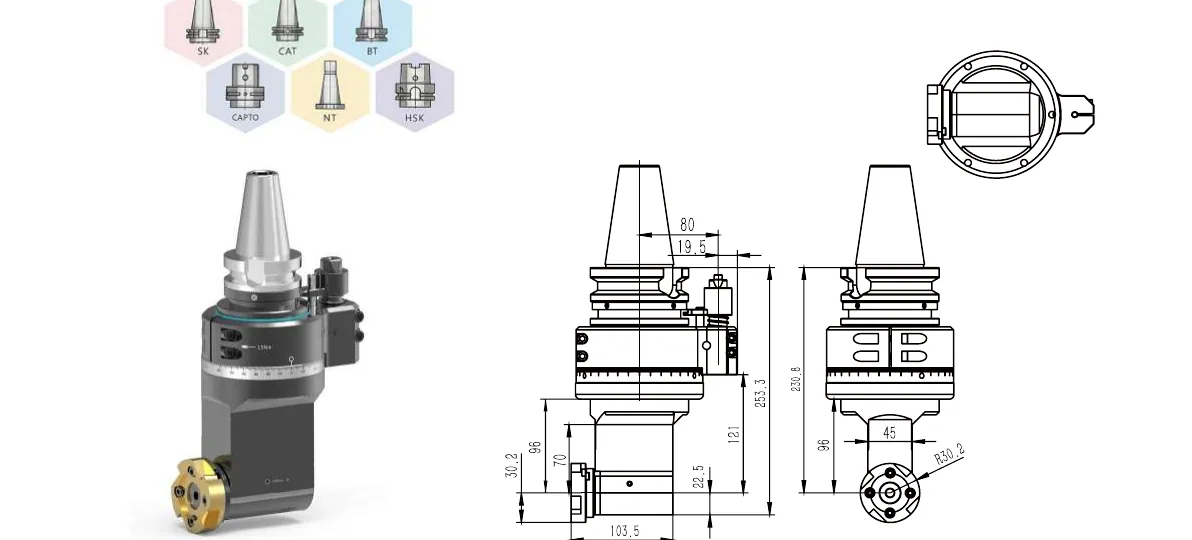 Mongtec BT50QFMB22QD59 angle head — product view and dimensioned drawing