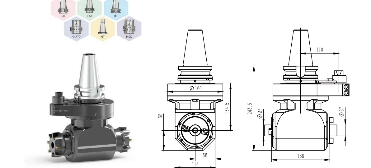 Mongtec BT50QFMB27Q2X angle head — product view and dimensioned drawing