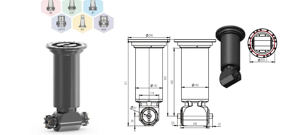 Mongtec BT50QFMB27Q2XQ400 angle head — product view and dimensioned drawing