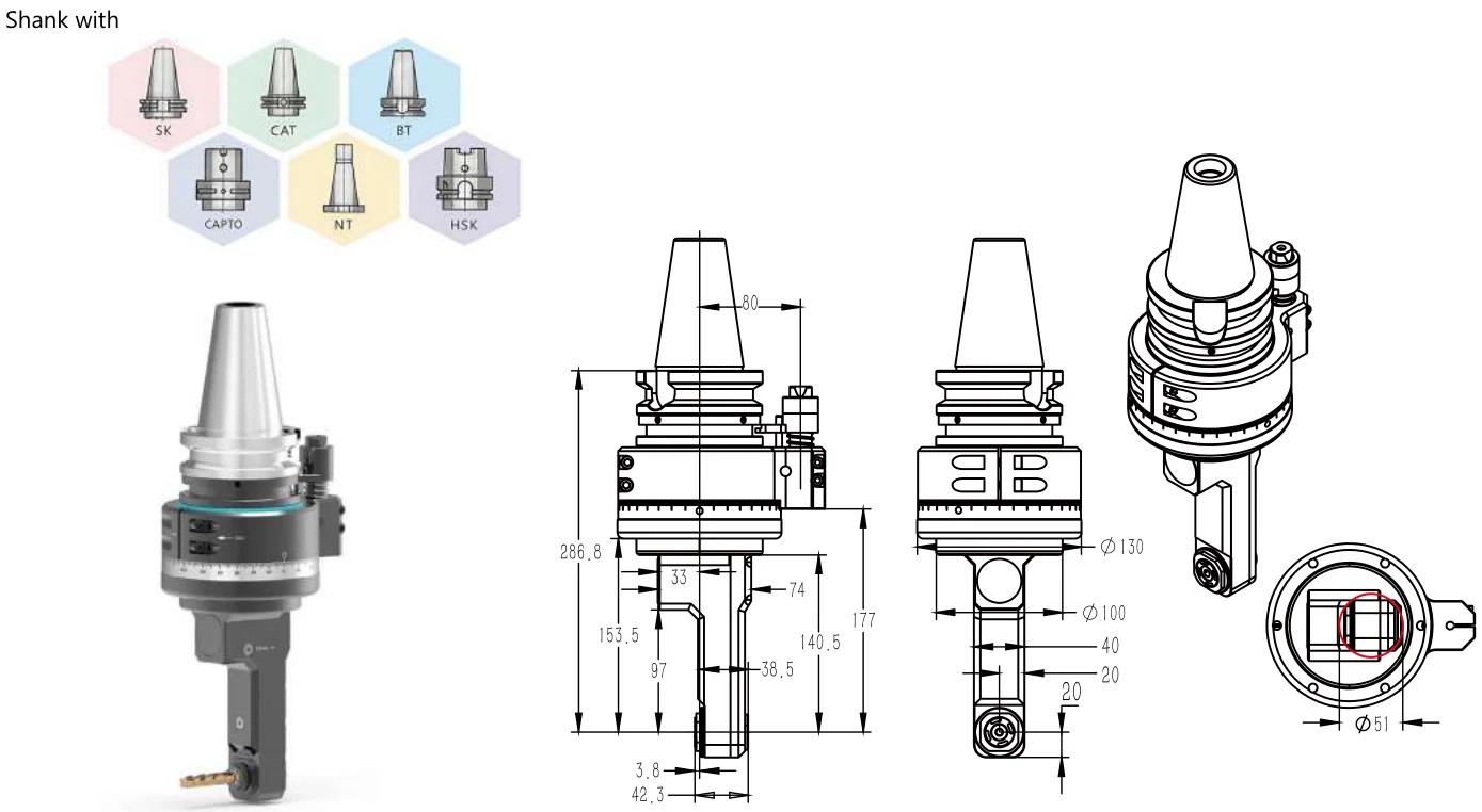 Mongtec BT50QPER16 angle head — product view and dimensioned drawing
