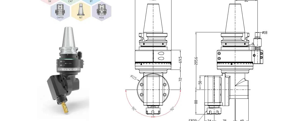 Mongtec BT50QWXER32 angle head — product view and dimensioned drawing