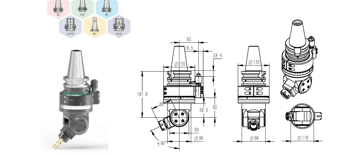 Mongtec BT50QYW16 angle head — product view and dimensioned drawing