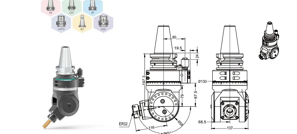 Mongtec BT50QYW20 angle head — product view and dimensioned drawing