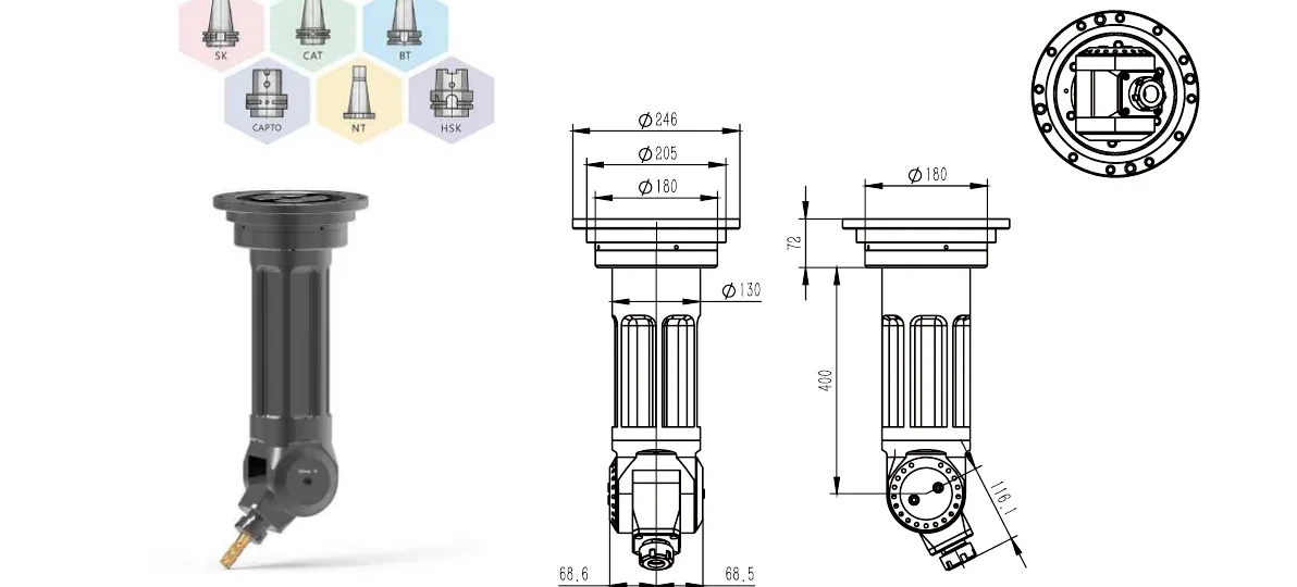 Mongtec BT50QYW20Q400 angle head — product view and dimensioned drawing