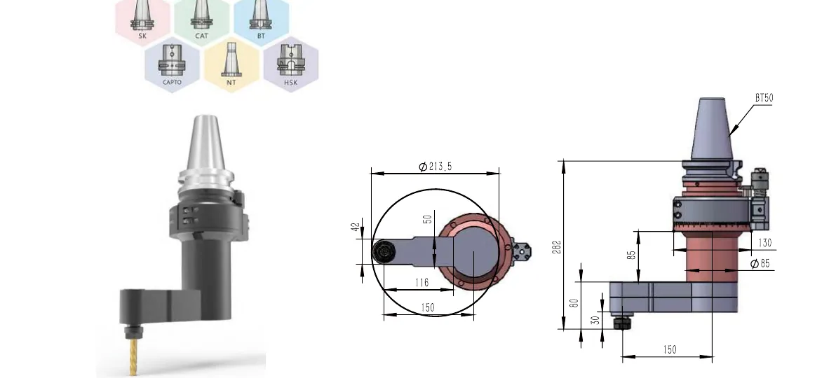 Mongtec BT50QZ10QL80QH150 angle head — product view and dimensioned drawing