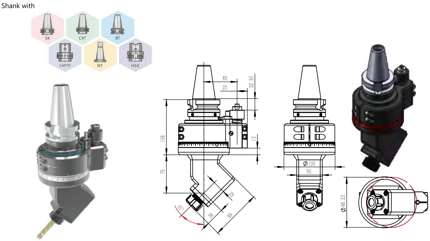 Mongtec DK45QBT40QER25Q45° angle head — product view and dimensioned drawing