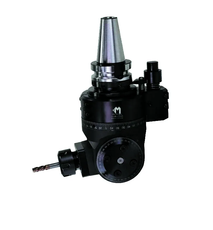 Mongtec angle head fitted with a drill, BT40 shank