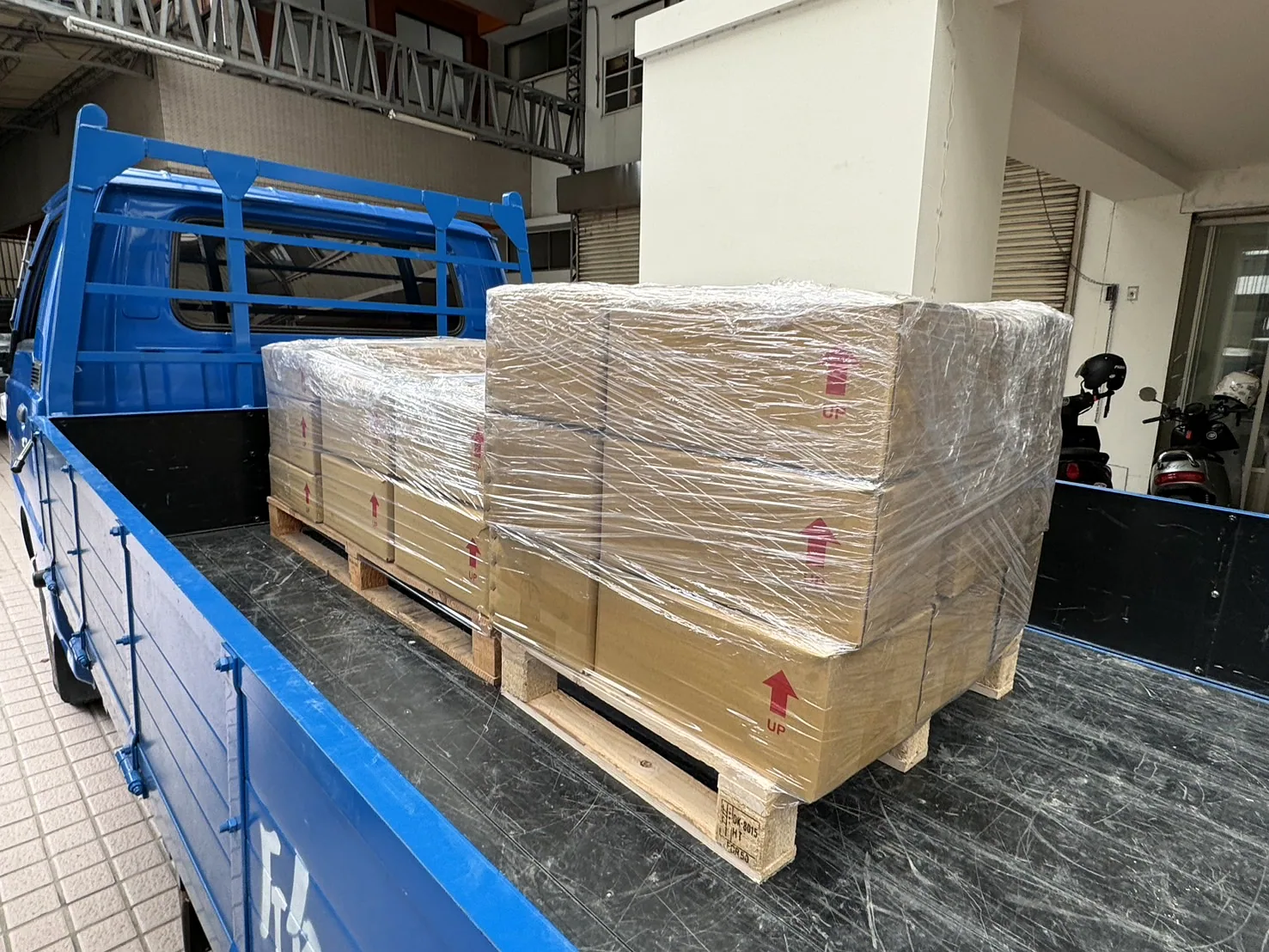 A palletised Mongtec export shipment loaded for despatch