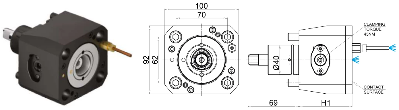 Mongtec M1257 — BMT40 액시얼 회전공구 홀더, PSC40 출력 치수 도면