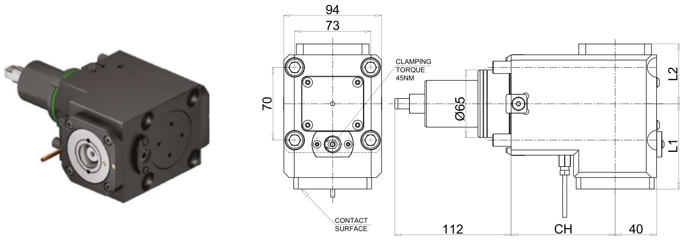 Mongtec M2427 — BMT65 radial driven tool holder, PSC40 output — dimensioned drawing