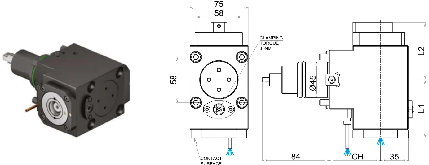 Mongtec M8307 — BMT45 레이디얼 회전공구 홀더, PSC32 출력 치수 도면