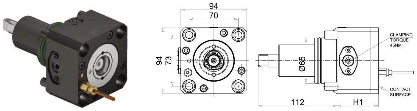 Mongtec M9327 — BMT65 アキシャル回転工具ホルダ、PSC40 出力 寸法図