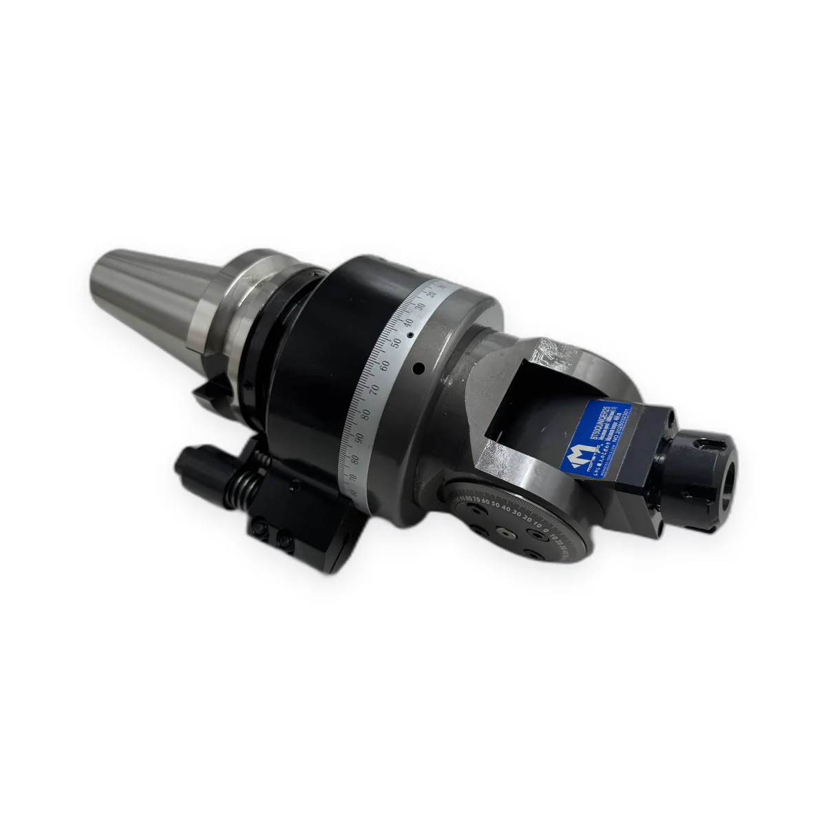 Mongtec angle head with BT taper shank and twin ER collet outputs