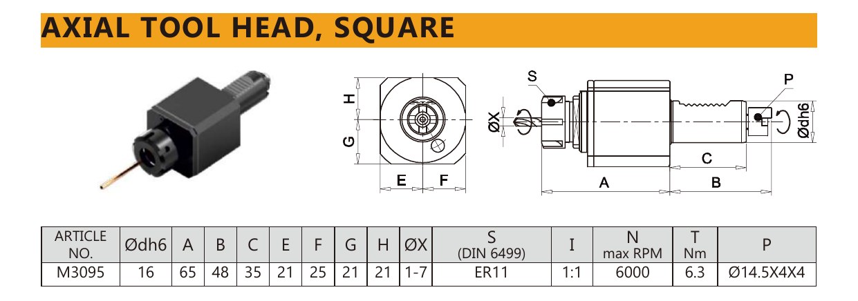 Mongtec M3095 axial tool head, square — product photo and dimensioned drawing