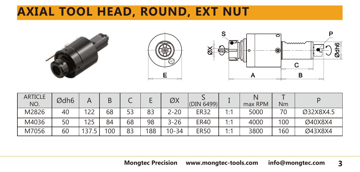 Mongtec M7056 axial tool head, round, ext nut — product photo and dimensioned drawing