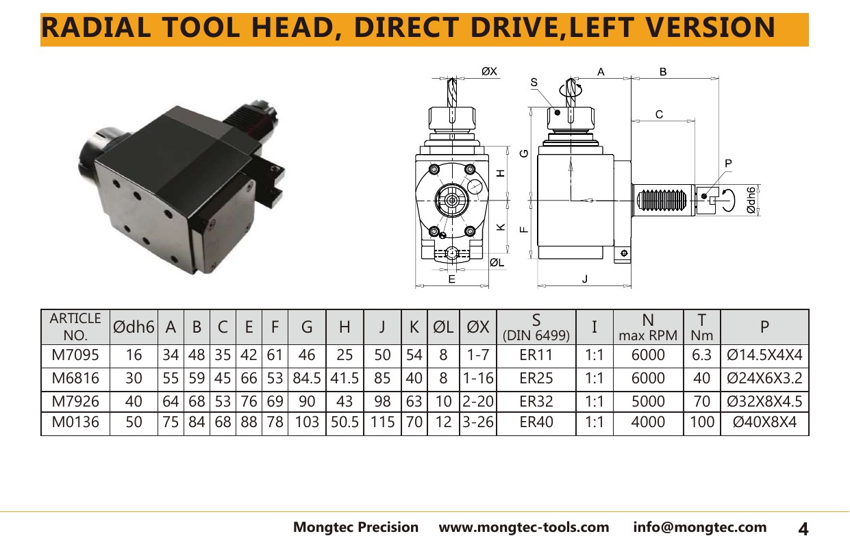 Mongtec M0136 radial tool head, direct drive,left version — product photo and dimensioned drawing