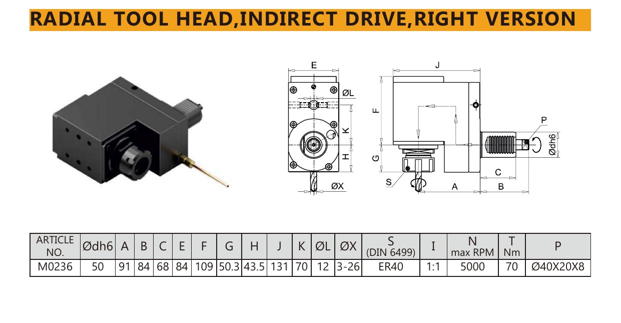 Mongtec M0236 radial tool head,indirect drive,right version — product photo and dimensioned drawing
