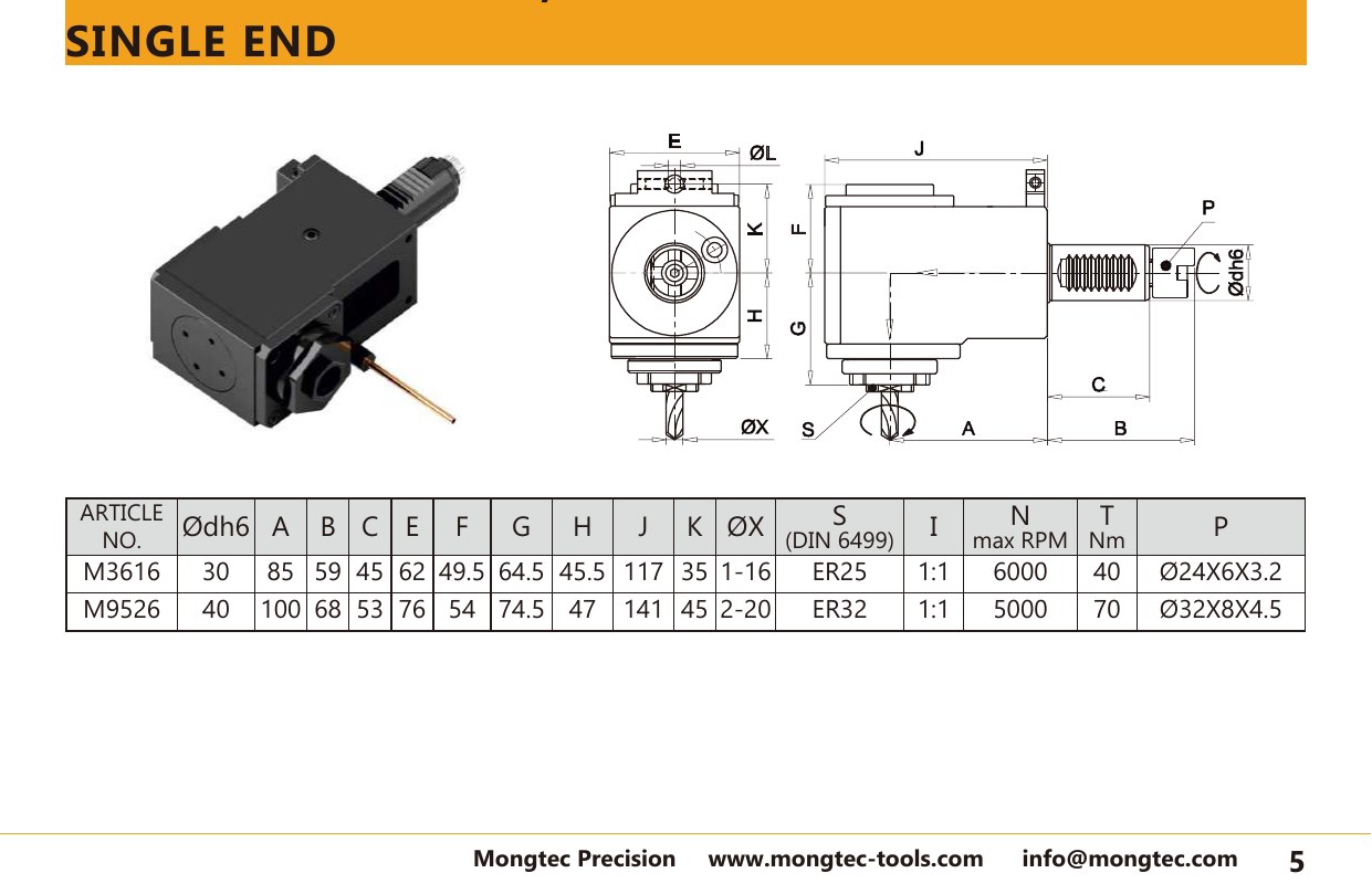 Mongtec M9526 single end — product photo and dimensioned drawing