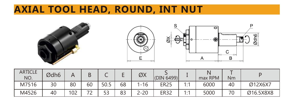 Mongtec M4526 axial tool head, round, int nut — product photo and dimensioned drawing