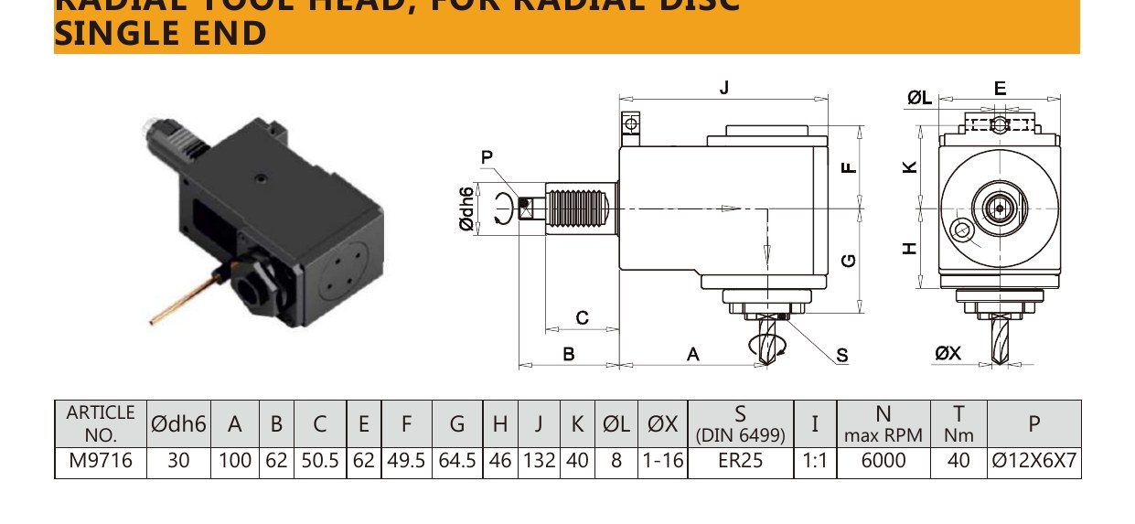 Mongtec M9716 single end — product photo and dimensioned drawing