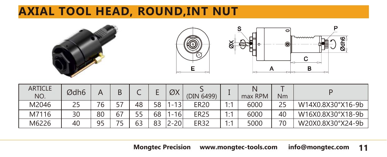 Mongtec M7116 axial tool head, round,int nut — product photo and dimensioned drawing
