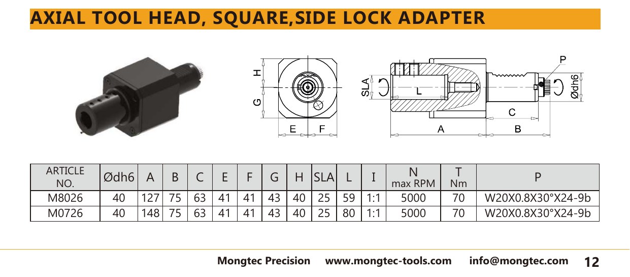 Mongtec M0726 axial tool head, square,side lock adapter — product photo and dimensioned drawing