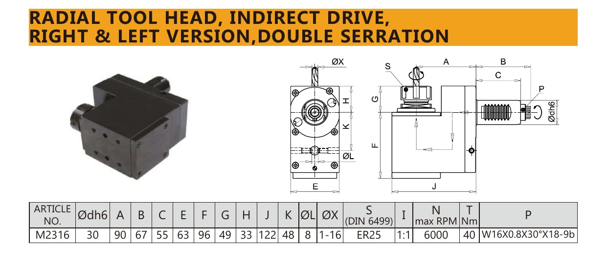 Mongtec M2316 radial tool head, indirect drive, — product photo and dimensioned drawing