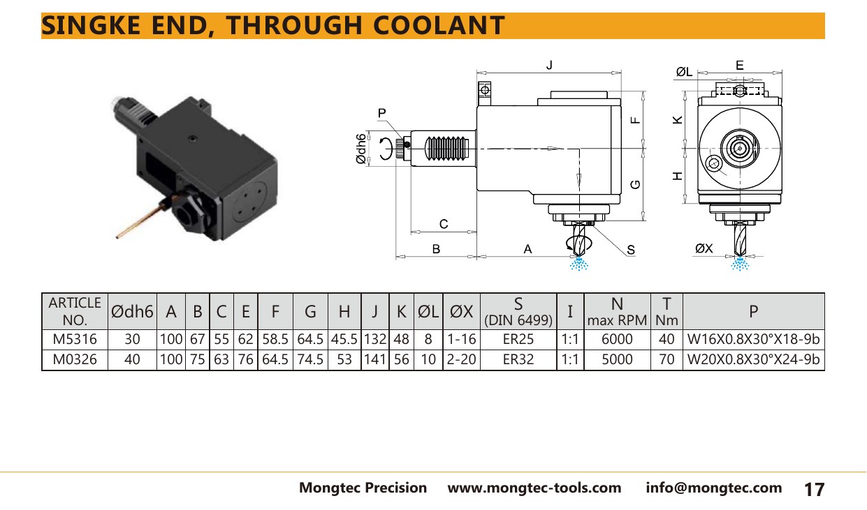 Mongtec M0326 singke end, through coolant — product photo and dimensioned drawing