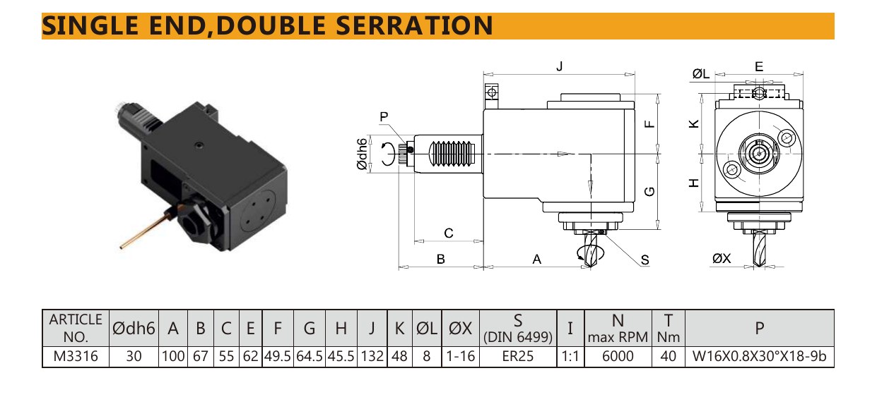 Mongtec M3316 single end,double serration — product photo and dimensioned drawing