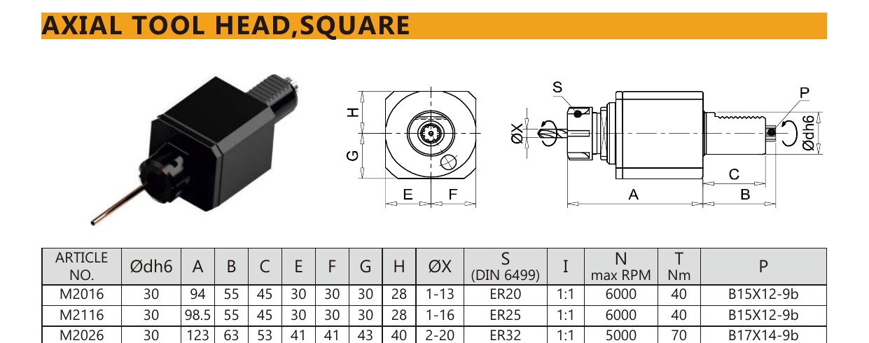 Mongtec M2016 axial tool head,square — product photo and dimensioned drawing