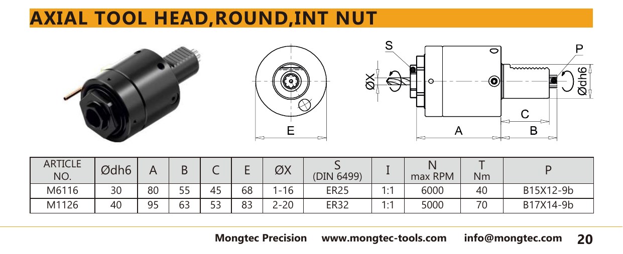 Mongtec M6116 axial tool head,round,int nut — product photo and dimensioned drawing