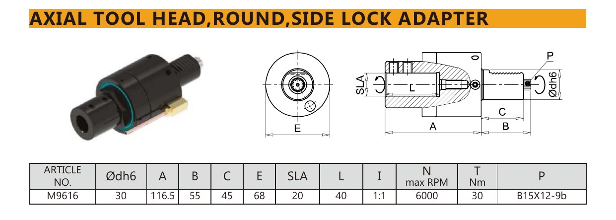 Mongtec M9616 axial tool head,round,side lock adapter — product photo and dimensioned drawing