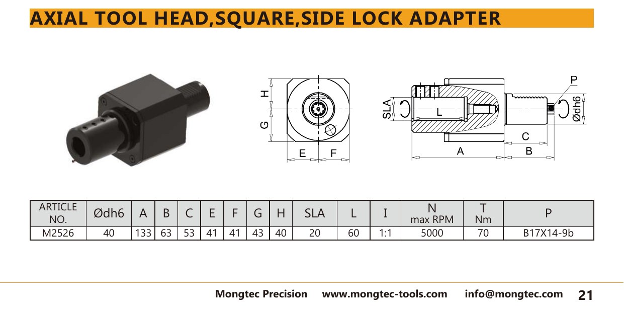 Mongtec M2526 axial tool head,square,side lock adapter — product photo and dimensioned drawing