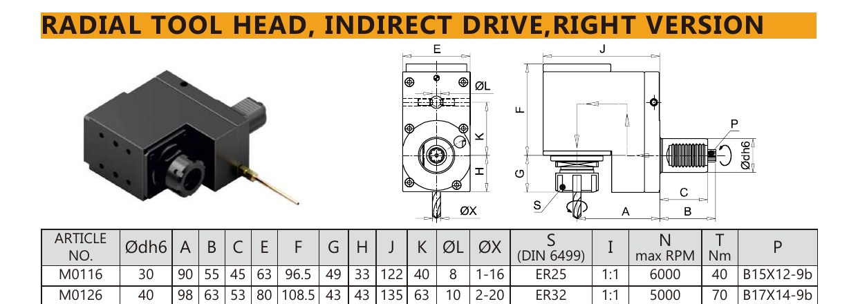 Mongtec M0126 radial tool head, indirect drive,right version — product photo and dimensioned drawing