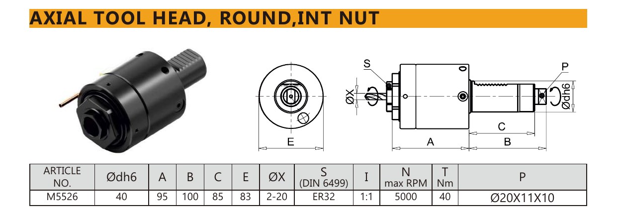Mongtec M5526 axial tool head, round,int nut — product photo and dimensioned drawing