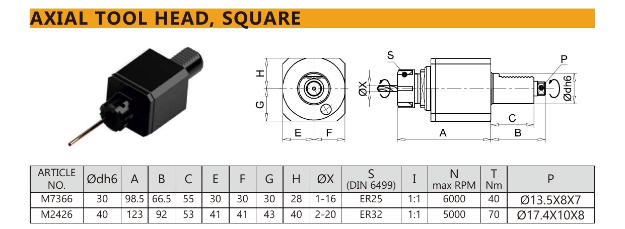 Mongtec M2426 axial tool head, square — product photo and dimensioned drawing
