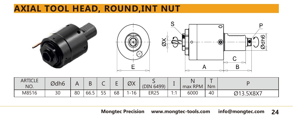 Mongtec M8516 axial tool head, round,int nut — product photo and dimensioned drawing