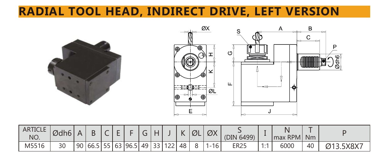 Mongtec M5516 radial tool head, indirect drive, left version — product photo and dimensioned drawing