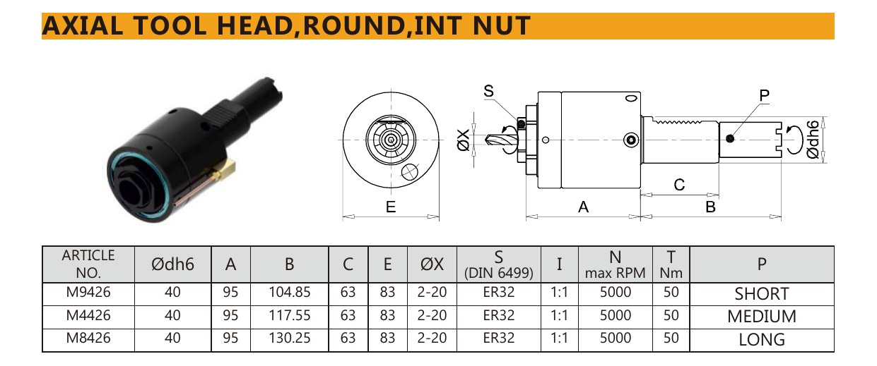 Mongtec M4426 axial tool head,round,int nut — product photo and dimensioned drawing