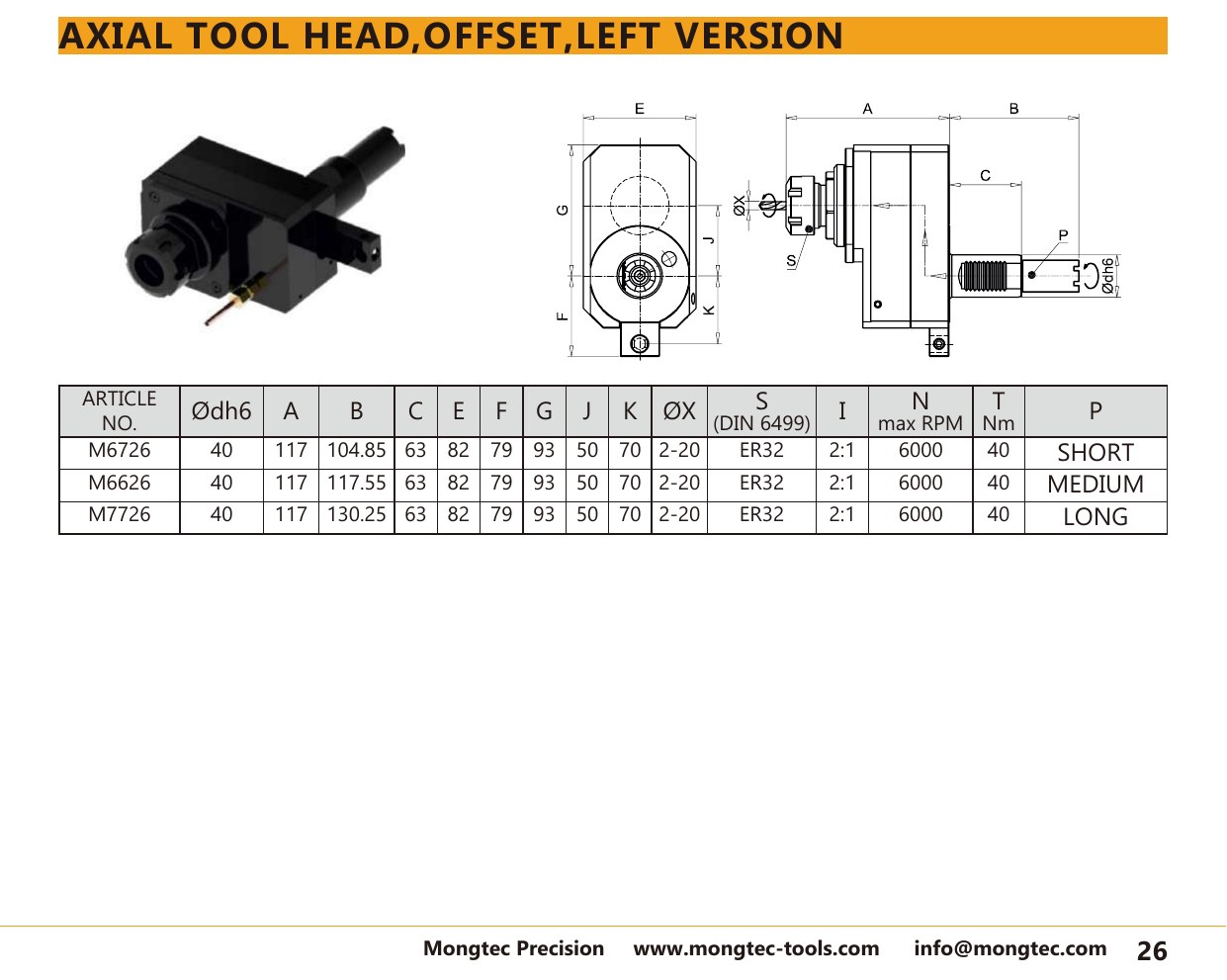 Mongtec M6626 axial tool head,offset,left version — product photo and dimensioned drawing