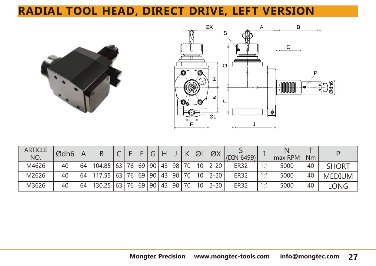 Mongtec M4626 radial tool head, direct drive, left version — product photo and dimensioned drawing