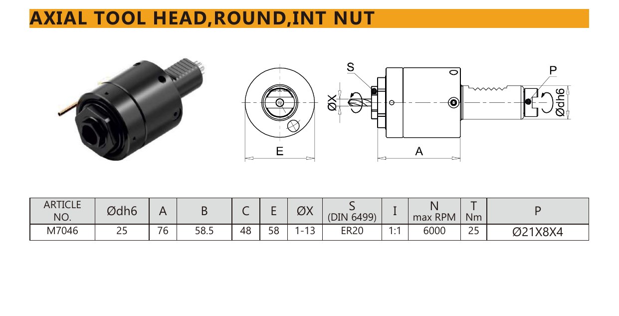 Mongtec M7046 axial tool head,round,int nut — product photo and dimensioned drawing
