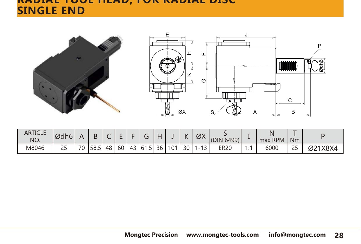 Mongtec M8046 single end — product photo and dimensioned drawing