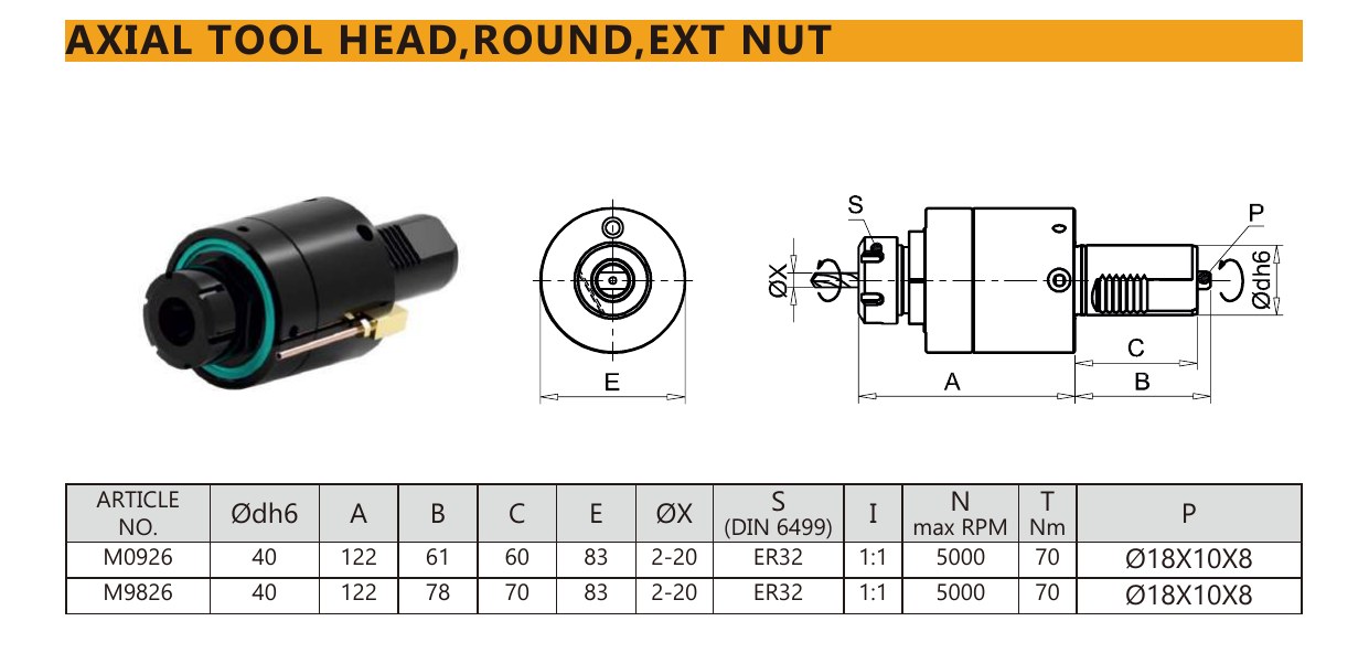 Mongtec M0926 axial tool head,round,ext nut — product photo and dimensioned drawing