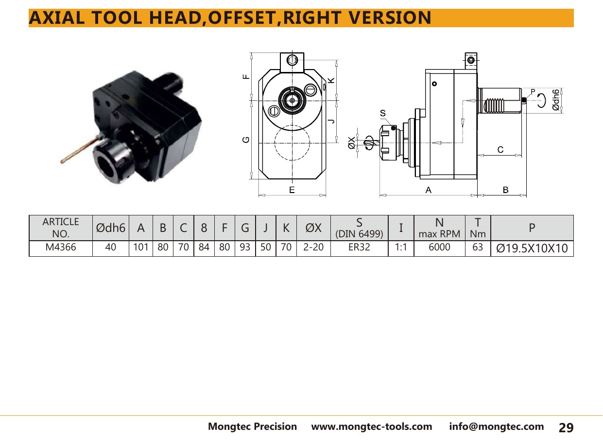 Mongtec M4366 axial tool head,offset,right version — product photo and dimensioned drawing